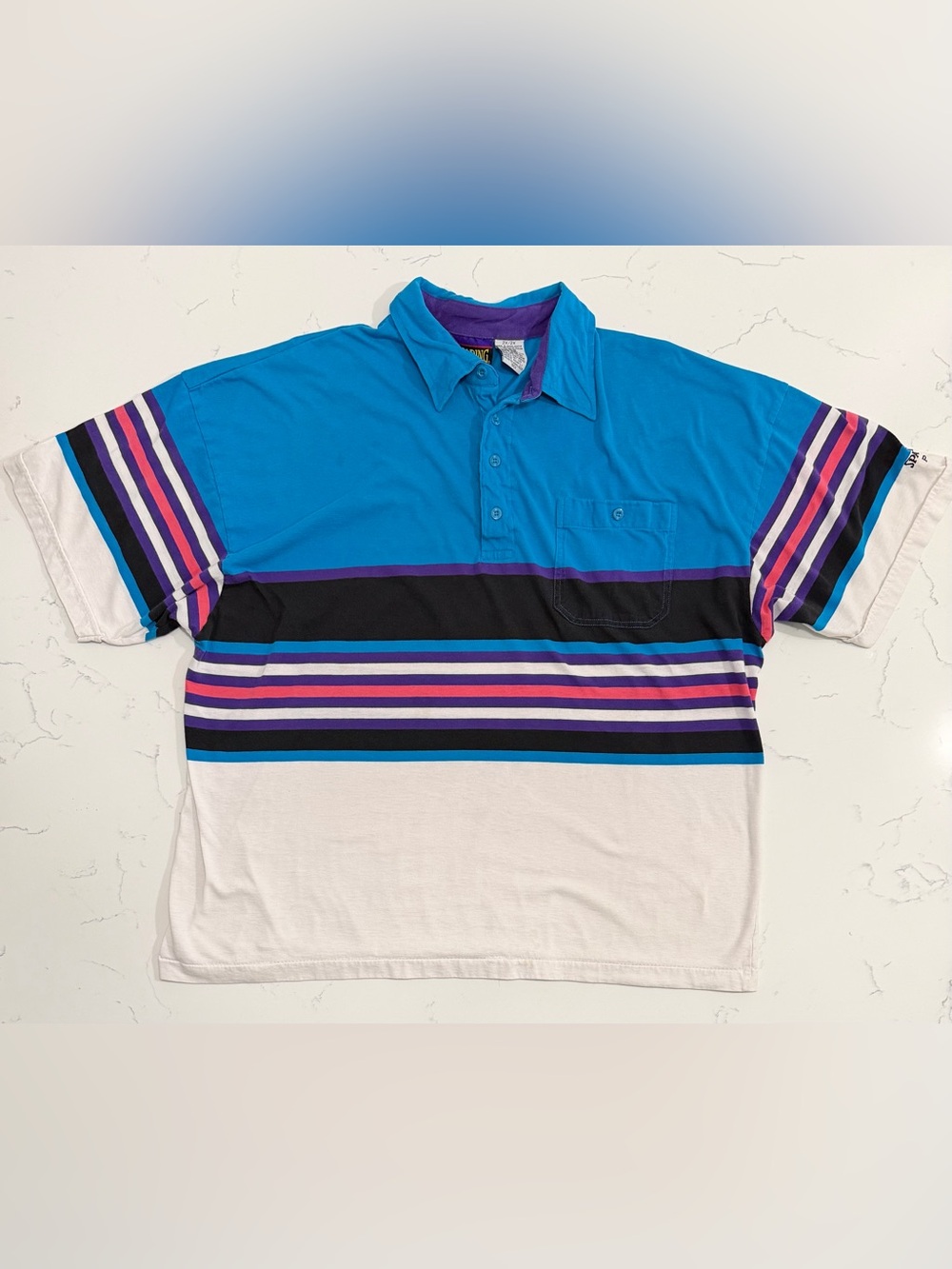Vintage Spalding Big Mens Polo Shirt 2X Blue Colorblock Striped Retro 90s
